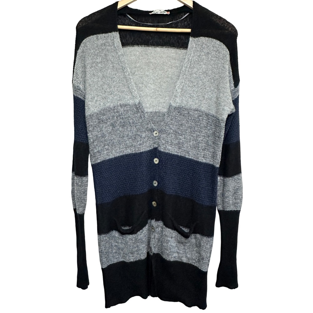 Love Change Striped Mohair Blend Long Cardigan Sweater Women M Open Knit Slouchy